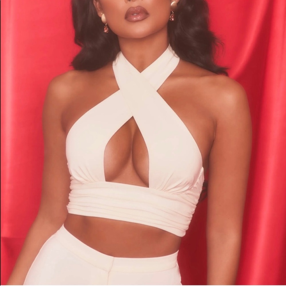 Oh Polly Self Made Cut Out Cross Neck Crop Top in Oyster White